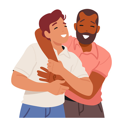 Adult Men Friendly Hug, Mature Male Characters Warm Embrace, Conveying Camaraderie And Connection Through A Brief And Respectful Physical Gesture. Cartoon People Vector Illustration
