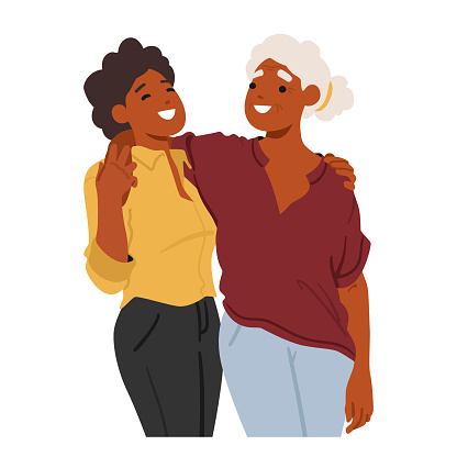 Warm Embrace Transcending Generations, Young And Old Women Hug, Exude Care And Understanding, Mother and Adult Daughter Bridging Time Through Heartfelt Connection. Cartoon People Vector Illustration