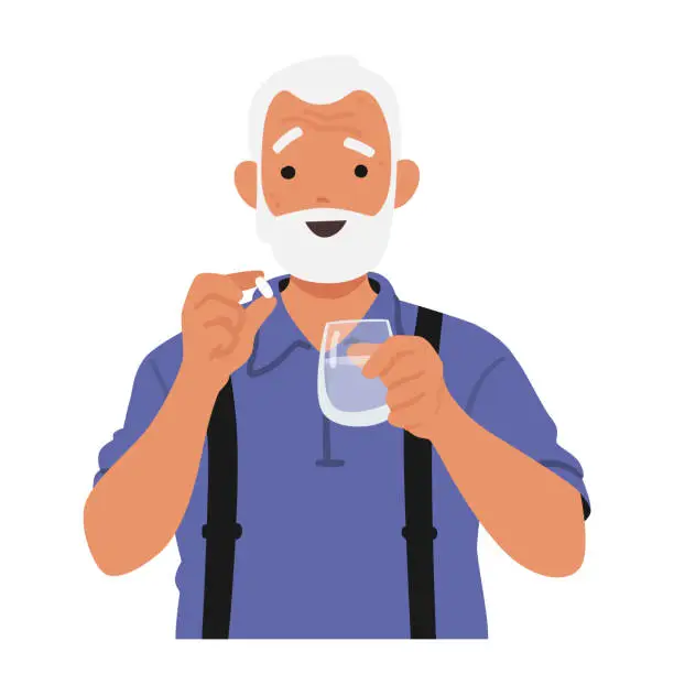 Vector illustration of Elderly Man Clasping A Pill In One Hand, A Glass Of Water In The Other. An Image Of Daily Routine And Healthcare