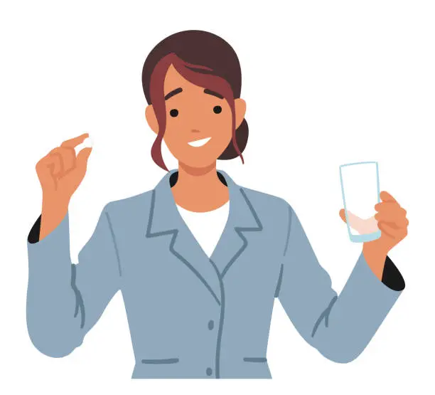 Vector illustration of Young Woman Delicately Holds A Pill In One Hand While Grasping A Water Glass In The Other, Vector Illustration