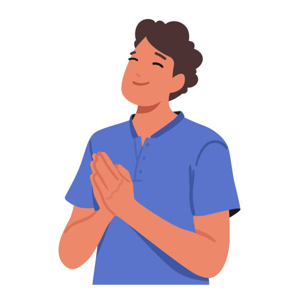 ilustrações de stock, clip art, desenhos animados e ícones de youthful man, eyes closed and palms pressed, bows in earnest prayer seeking solace and guidance from a higher realm - solace