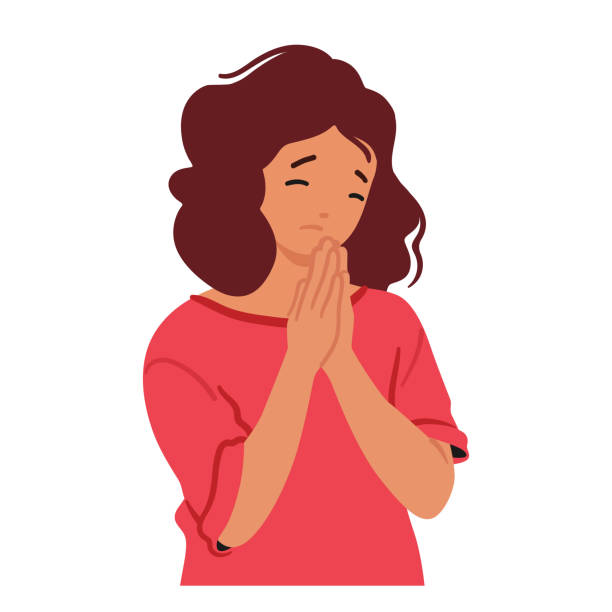 ilustrações de stock, clip art, desenhos animados e ícones de young girl bows in prayer, her eyes closed and hands clasped, seeking solace and connection in a moment of reflection - solace