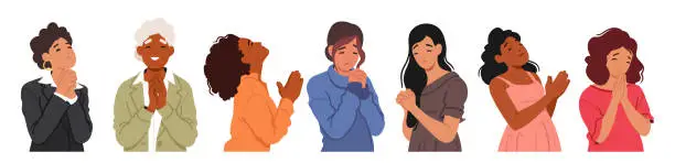 Vector illustration of Young and Old Female Characters Bowing With Closed Eyes, Hands Clasped, Expressing Reverence And Supplication