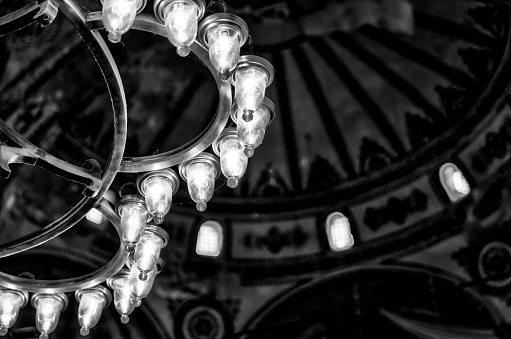 Istanbul, Turkey - July 22,2023: Architectural details of the interior of Istanbul’s Hagia Sophia Mosque in black and white