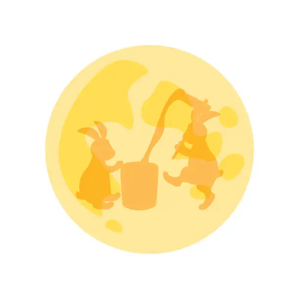 Vector illustration of Japanese Culture. Harvest Moon. Shadow of Rabbit Pounding Mochi in the Moon.