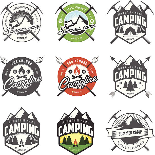 zestaw vintage kemping etykiety i odznaki - camping campfire boy scout girl scout stock illustrations