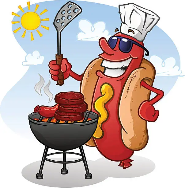 Vector illustration of Hot Dog Cartoon Wearing Sunglasses and Grilling