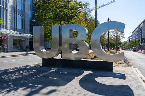 UBC ground sign in the campus of the University of British Columbia, Vancouver, BC, Canada - July 9, 2023. University of British Columbia is a public university in Vancouver, Canada.