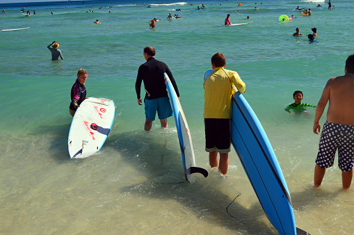 Waikiki Beach, HI, USA  July 31 Surfers leave the beach and head into a crowded ocean for a surf lesson on a summer vacation day in Waikiki Beach, Hawaii.