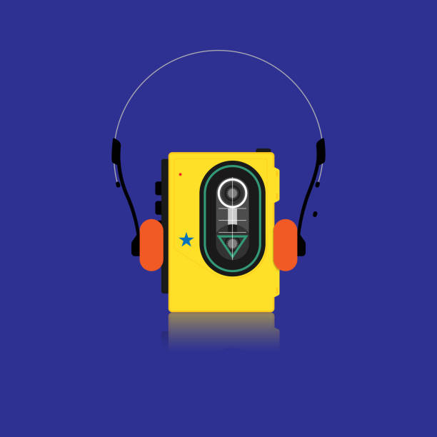 ilustraciones, imágenes clip art, dibujos animados e iconos de stock de reproductor de música portátil walkman con auriculares estilo plano en azul de fondo estilo retro - personal cassette player