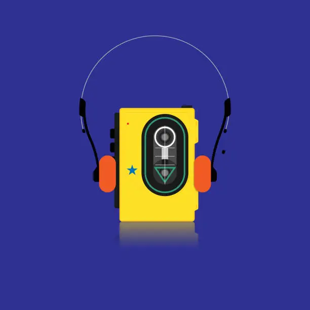 Vector illustration of walkman portable music player with headphone flat style in blue background retro style