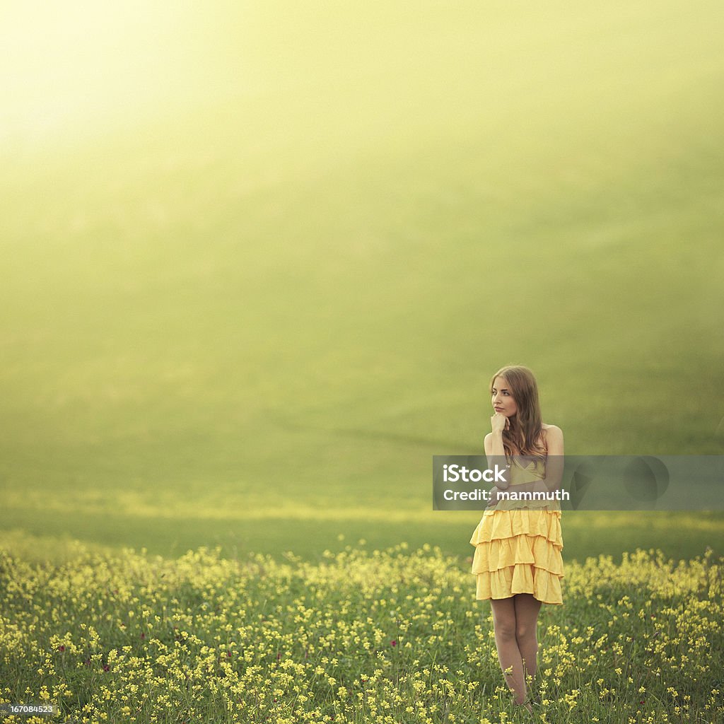 Dziewczyna w pole kwiatów objętych - Zbiór zdjęć royalty-free (Krajobraz wiejski)