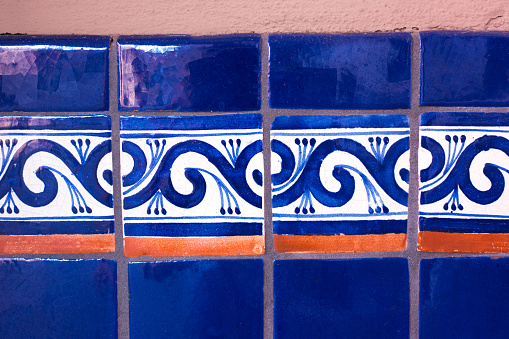 Closeup of azulejos i.e the portuguese painted tin-glazed ceramic tilework. Picture taken in Porto