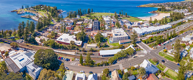 Panoramic aerial drone view from above the town of Kiama on the New South Wales South Coast, Australia on a sunny day