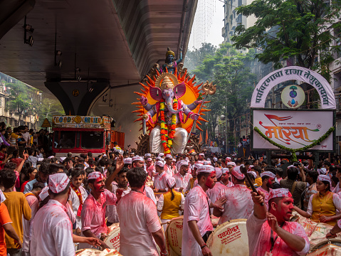 Mumbai, India - September 09,2022: Traditional Musical Band to bid adieu to Lord Ganesha during Ganesh Visarjan which marks the end of the ten-day-long Ganesh Chaturthi festival.