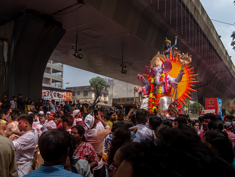 Mumbai, India - September 09,2022: Thousands of devotees bid adieu to Lord Ganesha during Ganesh Visarjan which marks the end of the ten-day-long Ganesh Chaturthi festival.