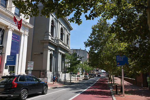 Philadelphia, Pennsylvania, USA - Sep 2, 2023: historic buildings along Chestnut Street in Old City, Philadelphia
