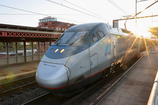 Passenger trains in a futuristic railroad station, Liege, Guillemins, Belgium.