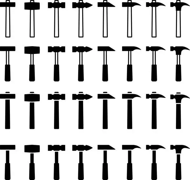 Vector illustration of Monochrome hammer and hammer vector illustration set