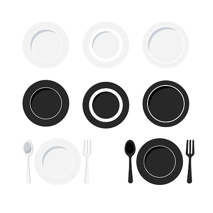 Plate icon set. Tableware set flat style. Plate, fork and knife