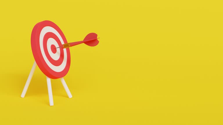 Business success concept. Dart hitting center of the target on yellow background. Business opportunity, Right career choice, Goal or achievement. 4k 3d animation