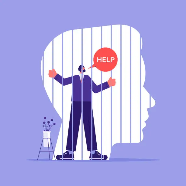 Vector illustration of Mind prison psychological concept, flat vector illustration