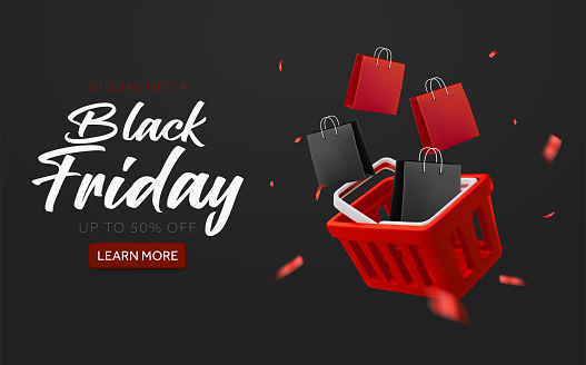 3d black friday banner template with CTA button. Red shopping basket with black shopping bags icon. Voucher or coupon rain effect background. Premium sale off, discount event. 3d Vector illustration. Vector illustration