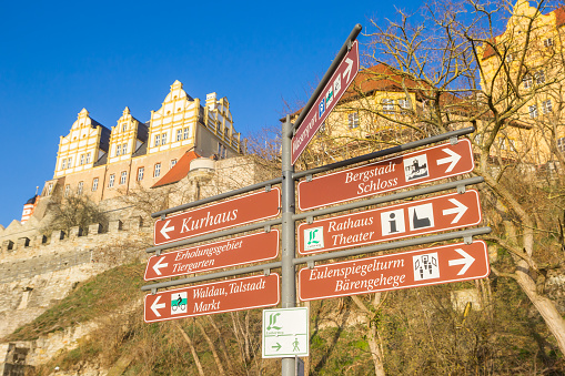 Tourist information sign in front of the castle in Bernburg, Germany