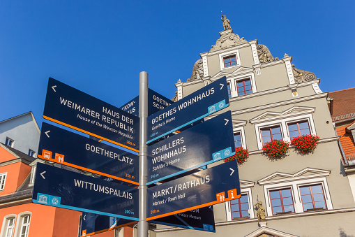 Tourist information sign in front of a historic building in Weimar, Germany