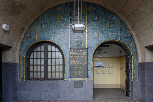 Hamburg, Germany - June 15 2023: Old Elbe Tunnel or Alter Elbtunnel Entrance Portal.
