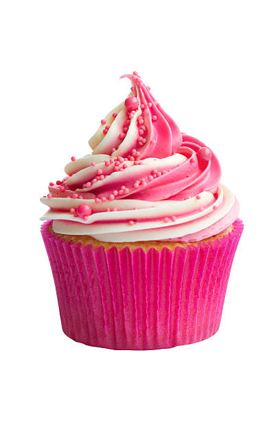 Pink and white frosted cupcake isolated on white Raspberry ripple cupcake isolated against white cupcake stock pictures, royalty-free photos & images