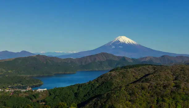 Landscape of mountfuji and mountains, at Yamanakako panorama-dai. Yamanakako lake with mount fuji view.