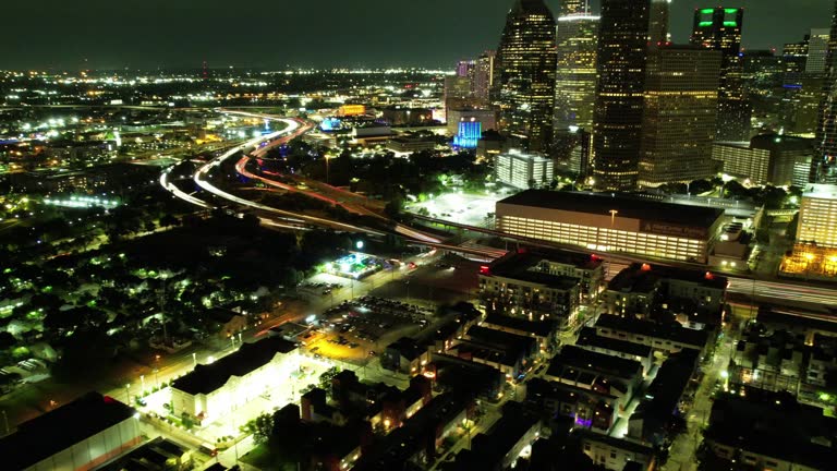 Time-lapse aerial footage of the downtown of Houston city at night, Texas, United States