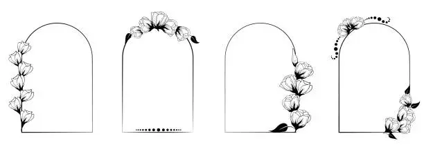 Vector illustration of A set of romantic vertical arched frames with outlines of roses. Floral label design, corporate style branding, wedding invitations