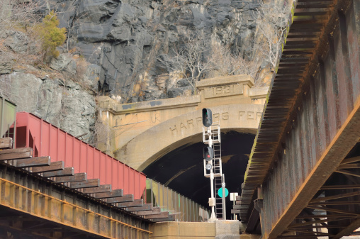 A coal train emerges from the Harpers Ferry tunnel on the CNX line. The train is on its way back to the West Virginia mines to reload coal for use in Washington DC steam and power plants