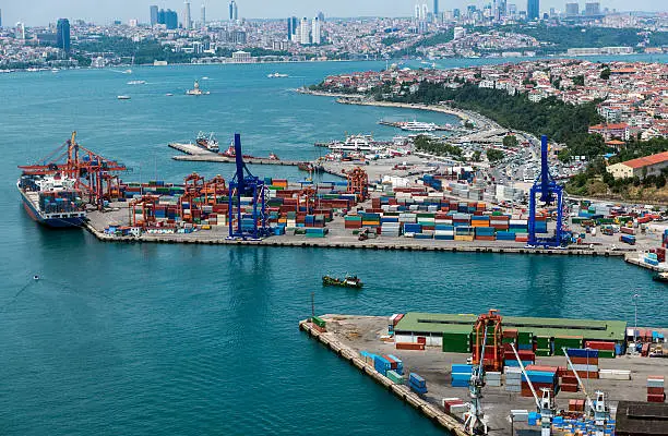 Aerial view of container port and ship in Istanbul. 