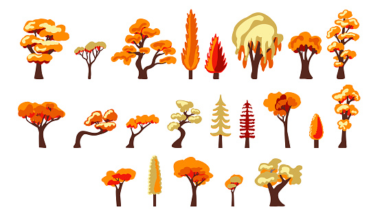 Set of 22 autumn trees, elements of urban infrastructure, and city parks.