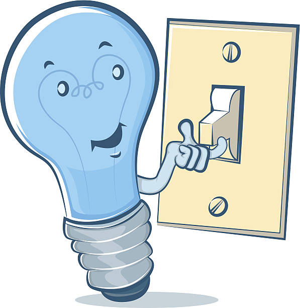 Light Bulb Character Flipping a Switch vector art illustration