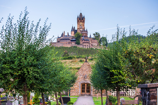 Cochem, Germany - August 11th 2023: Reichburg front view from the cemetery