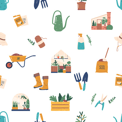 Seamless Pattern with Greenhouse and Gardening Items. Plant In Pots, Soil Sack, Seeds, And Watering Can, Wheelbarrow, Rope, Rubber Boots or Rake with Scoop. Cartoon Vector Illustration, Tile Wallpaper