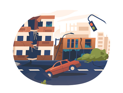 Post-earthquake City Road Isolated Element. Fractured Cracked Asphalt, Buildings Leaning Precariously, Broken Car and Traffic Light, Eerie Scene of Natural Disaster. Cartoon Vector Illustration, Icon