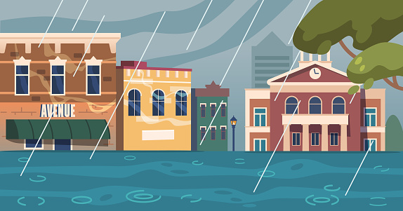 In The Midst Of A Flood Disaster, The City Transforms Into A Watery Chaos, Streets Submerged, Buildings Marooned, And Lives Disrupted, As The Deluge Wreaks Havoc. Cartoon Vector Illustration