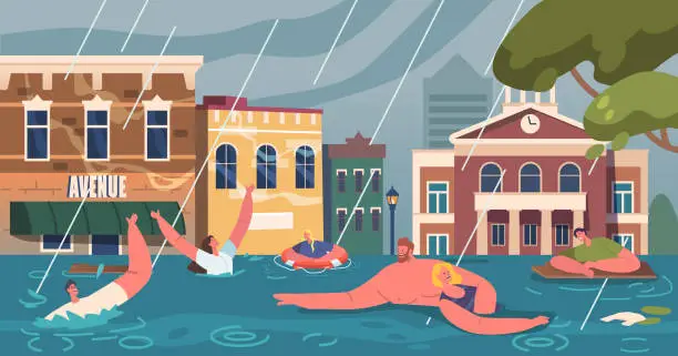 Vector illustration of People Float at City Submerged In Torrential Waters, Chaos Ensues As Homes Vanish, Streets Transform Into Rivers