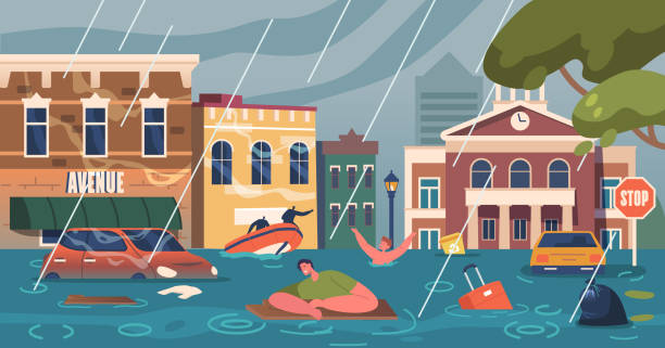 istock Characters Survive In Submerged City. Floodwaters Engulf Streets, Desperation And Rescue Efforts Intermingle 1671404656