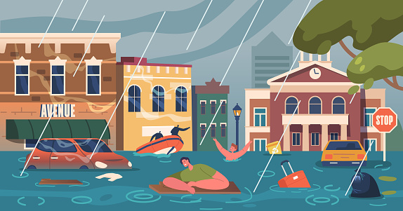 Characters Survive in Submerged City. Floodwaters Engulf Streets, Desperation And Rescue Efforts Intermingle Amidst The Rising Tide Of A Natural Disaster Impact. Cartoon People Vector Illustration
