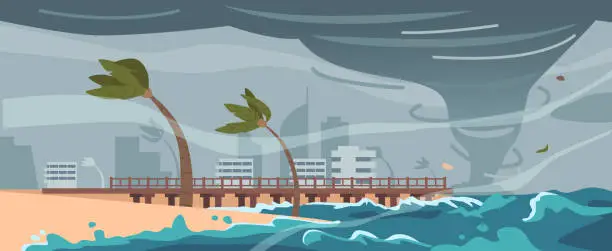 Vector illustration of Powerful Hurricane At Sea Near A Coastal City Wreaked Havoc With Ferocious Winds And Torrential Rain, Vector