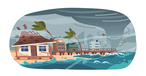 Devastating Hurricane Churned In The Sea Perilously Close To The City, Unleashing Destructive Winds And Torrential Rains, Posing A Grave Threat To Lives And Property. Cartoon Vector Element, Icon