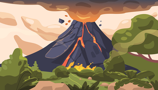 Volcanic Eruption Is A Violent Geological Event Where Molten Rock, Ash, And Gases Are Forcefully Expelled From A Volcano Vent, Causing Destruction And Environmental Impact. Cartoon Vector Illustration
