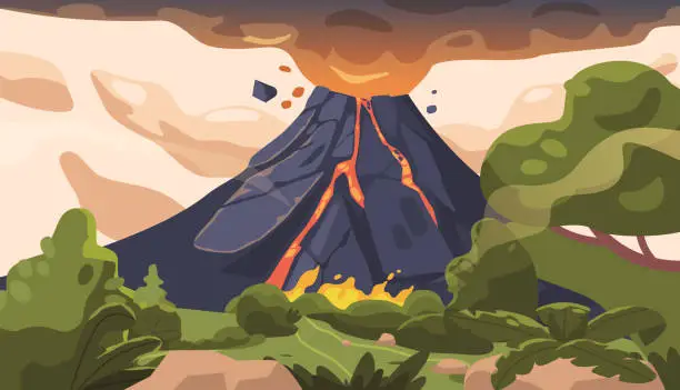 Vector illustration of Volcanic Eruption Is A Violent Geological Event Where Molten Rock, Ash, And Gases Are Expelled From A Volcano Vent