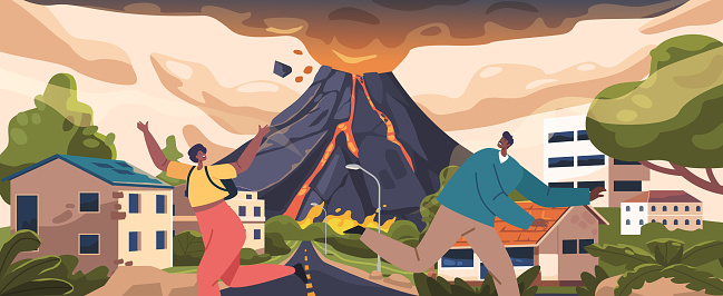 Fleeing In Panic, People Scramble To Escape The Impending Volcanic Eruption Fury, Characters Seeking Safety From The Billowing Ash, Searing Lava, And Suffocating Smoke. Cartoon Vector Illustration